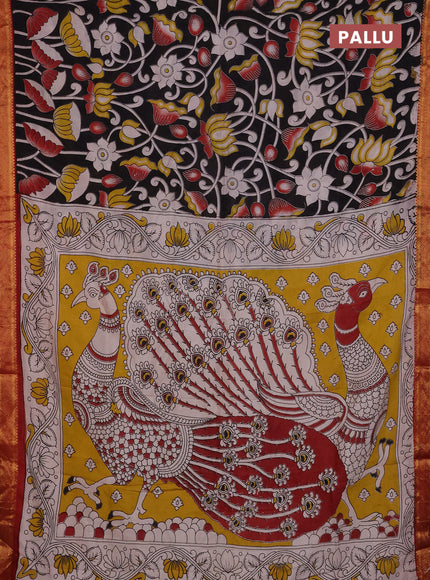 Kalamkari semi silk saree black and maroon with allover prints and mangalgiri border