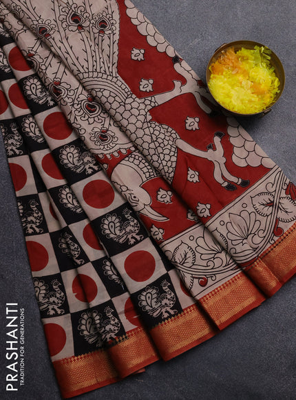 Kalamkari semi silk saree beige black and rust shade with allover prints and mangalgiri border