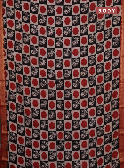 Kalamkari semi silk saree beige black and rust shade with allover prints and mangalgiri border
