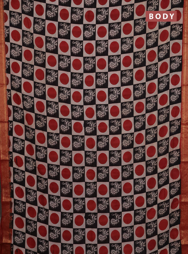 Kalamkari semi silk saree beige black and rust shade with allover prints and mangalgiri border