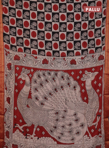 Kalamkari semi silk saree beige black and rust shade with allover prints and mangalgiri border