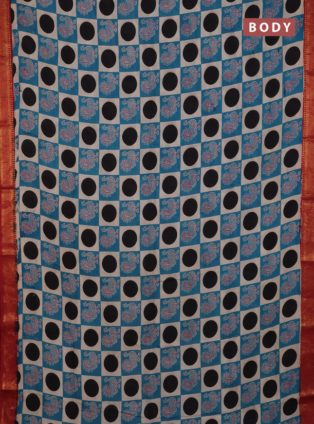 Kalamkari semi silk saree peacock green black and maroon with allover prints and mangalgiri border