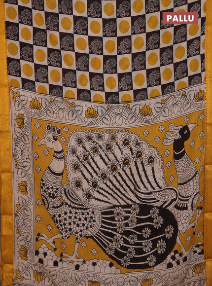 Kalamkari semi silk saree beige coffee brown and yellow with allover prints and mangalgiri border