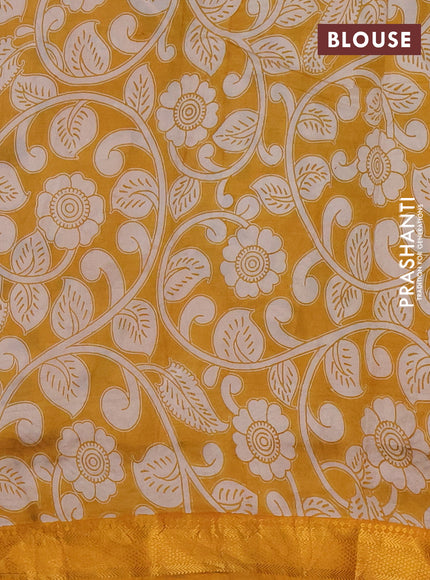 Kalamkari semi silk saree beige coffee brown and yellow with allover prints and mangalgiri border