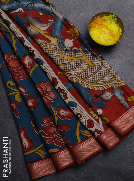Kalamkari semi silk saree peacock green and maroon with allover prints and mangalgiri border