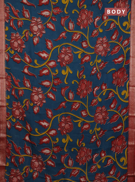Kalamkari semi silk saree peacock green and maroon with allover prints and mangalgiri border