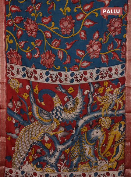 Kalamkari semi silk saree peacock green and maroon with allover prints and mangalgiri border