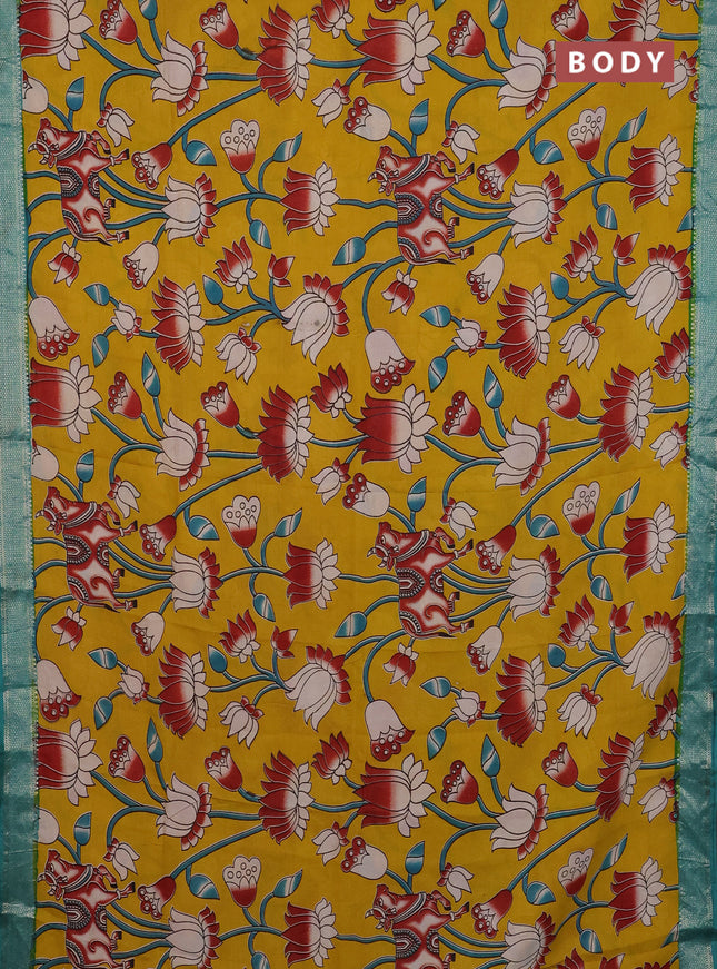 Kalamkari semi silk saree yellow and teal green with allover prints and mangalgiri border