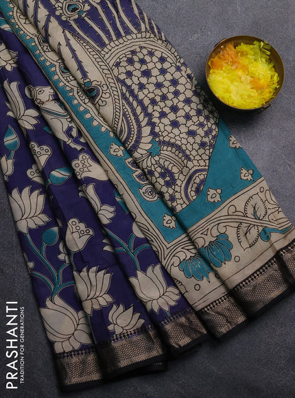 Kalamkari semi silk saree navy blue and black with allover prints and mangalgiri border