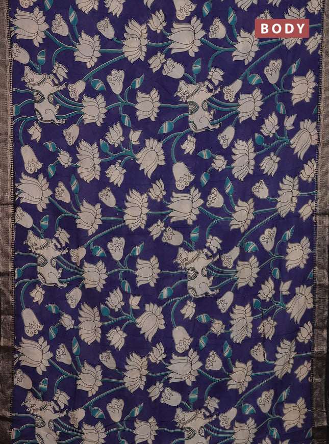 Kalamkari semi silk saree navy blue and black with allover prints and mangalgiri border