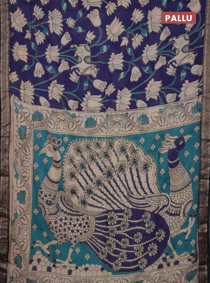 Kalamkari semi silk saree navy blue and black with allover prints and mangalgiri border