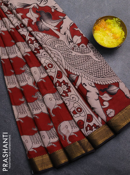 Kalamkari semi silk saree maroon and black with allover prints and mangalgiri border