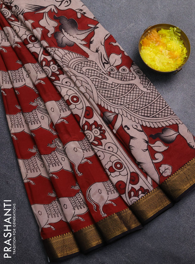 Kalamkari semi silk saree maroon and black with allover prints and mangalgiri border