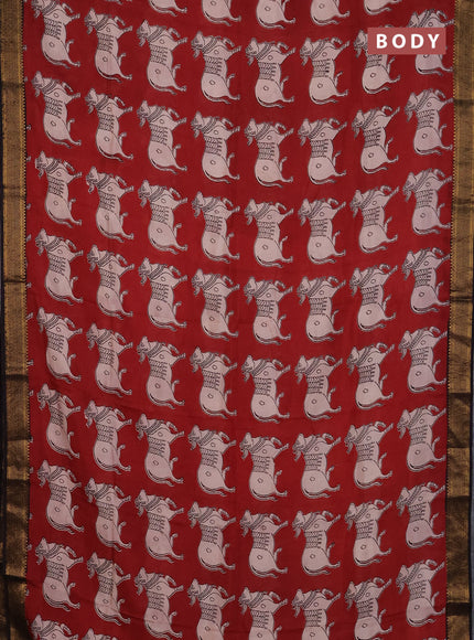 Kalamkari semi silk saree maroon and black with allover prints and mangalgiri border
