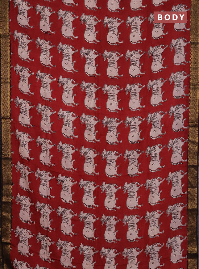 Kalamkari semi silk saree maroon and black with allover prints and mangalgiri border