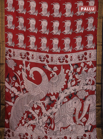 Kalamkari semi silk saree maroon and black with allover prints and mangalgiri border
