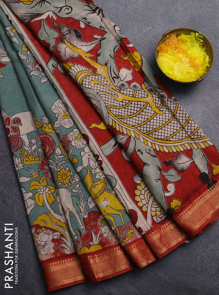 Kalamkari semi silk saree pastel green and maroon with allover prints and mangalgiri border