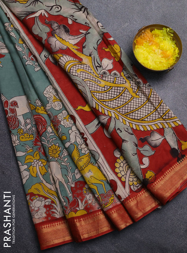 Kalamkari semi silk saree pastel green and maroon with allover prints and mangalgiri border