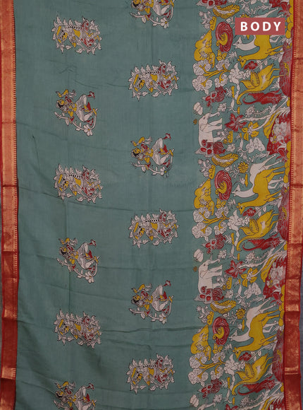 Kalamkari semi silk saree pastel green and maroon with allover prints and mangalgiri border