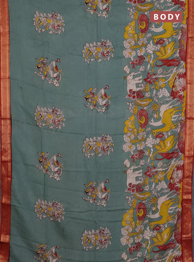 Kalamkari semi silk saree pastel green and maroon with allover prints and mangalgiri border
