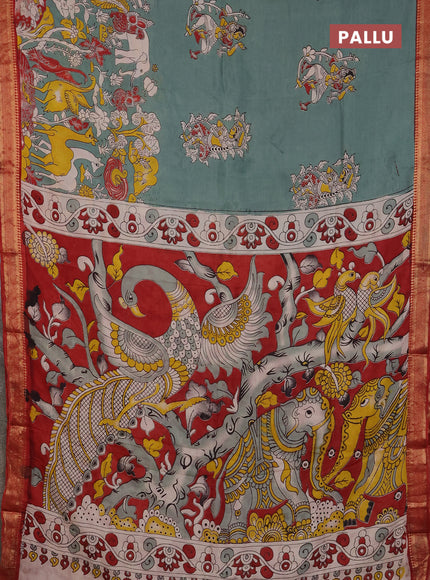 Kalamkari semi silk saree pastel green and maroon with allover prints and mangalgiri border