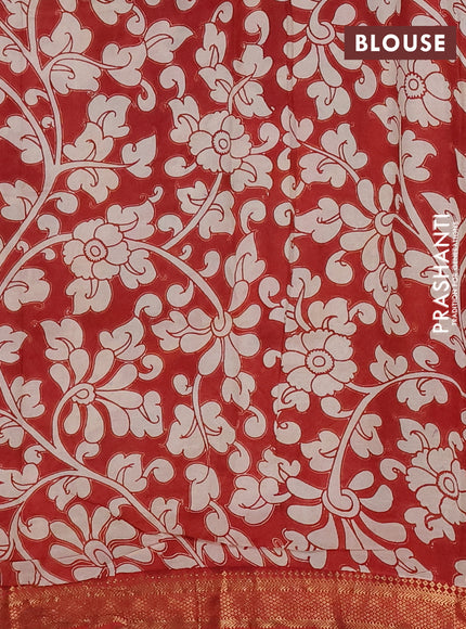 Kalamkari semi silk saree pastel green and maroon with allover prints and mangalgiri border