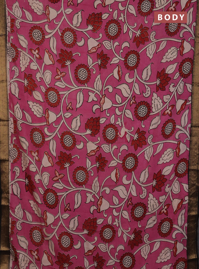 Kalamkari semi silk saree mauve pink and black with allover prints and mangalgiri border