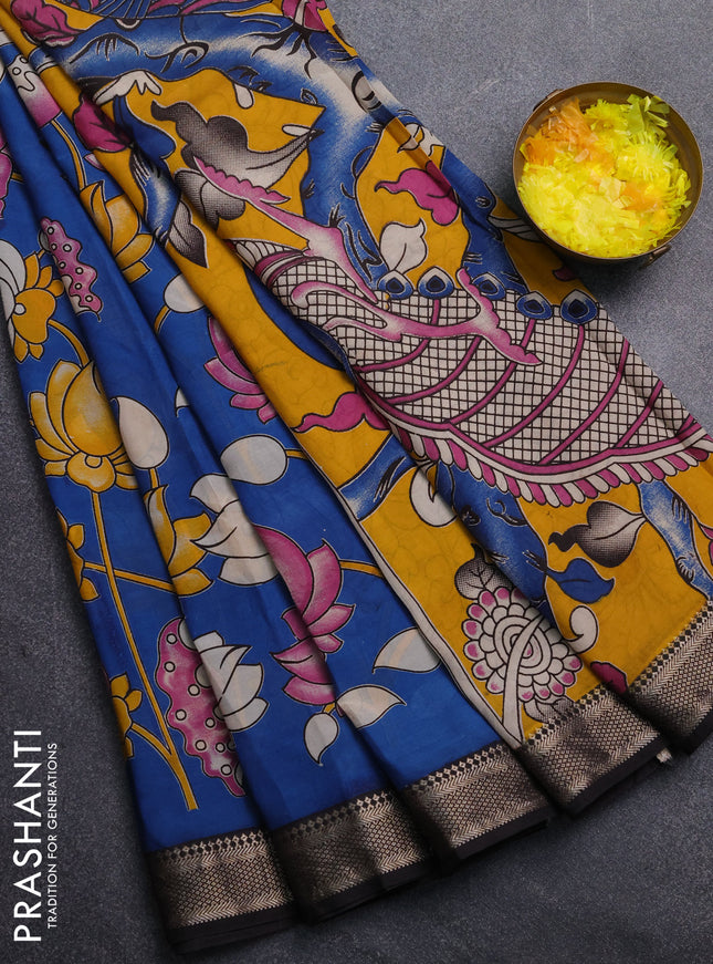 Kalamkari semi silk saree peacock blue and black with allover prints and mangalgiri border