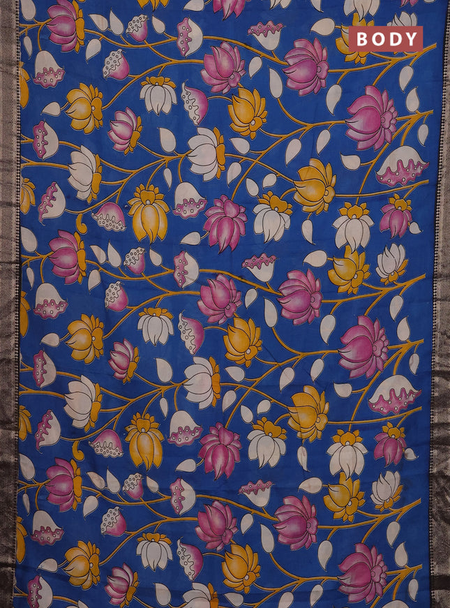 Kalamkari semi silk saree peacock blue and black with allover prints and mangalgiri border