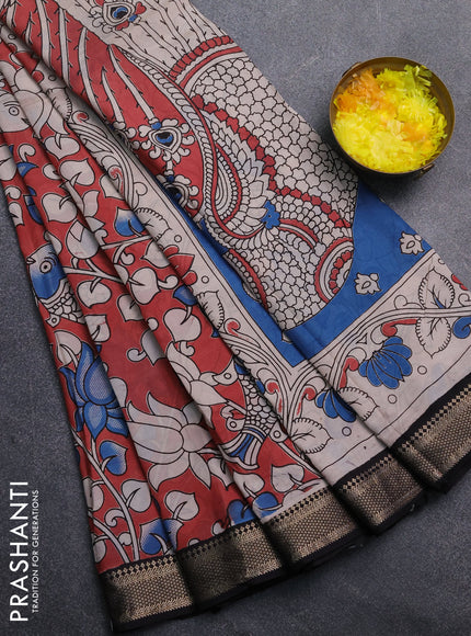 Kalamkari semi silk saree pastel maroon and black with allover prints and mangalgiri border