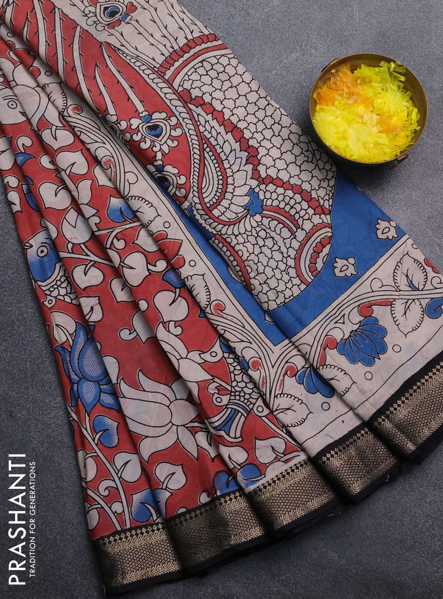 Kalamkari semi silk saree pastel maroon and black with allover prints and mangalgiri border
