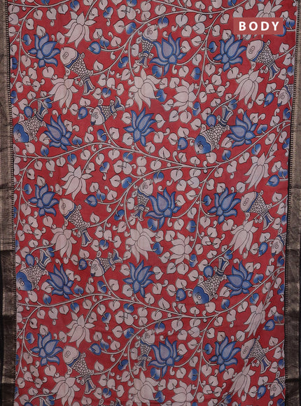 Kalamkari semi silk saree pastel maroon and black with allover prints and mangalgiri border