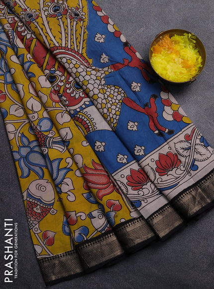 Kalamkari semi silk saree yellow and black with allover prints and mangalgiri border