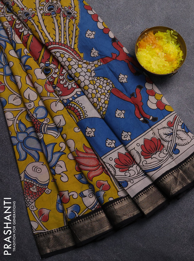 Kalamkari semi silk saree yellow and black with allover prints and mangalgiri border