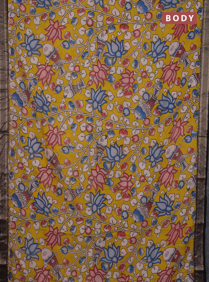 Kalamkari semi silk saree yellow and black with allover prints and mangalgiri border