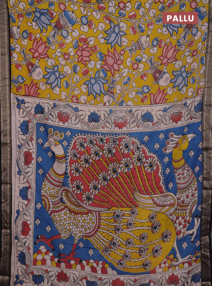 Kalamkari semi silk saree yellow and black with allover prints and mangalgiri border