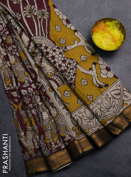 Kalamkari semi silk saree wine shade and black with allover prints and mangalgiri border