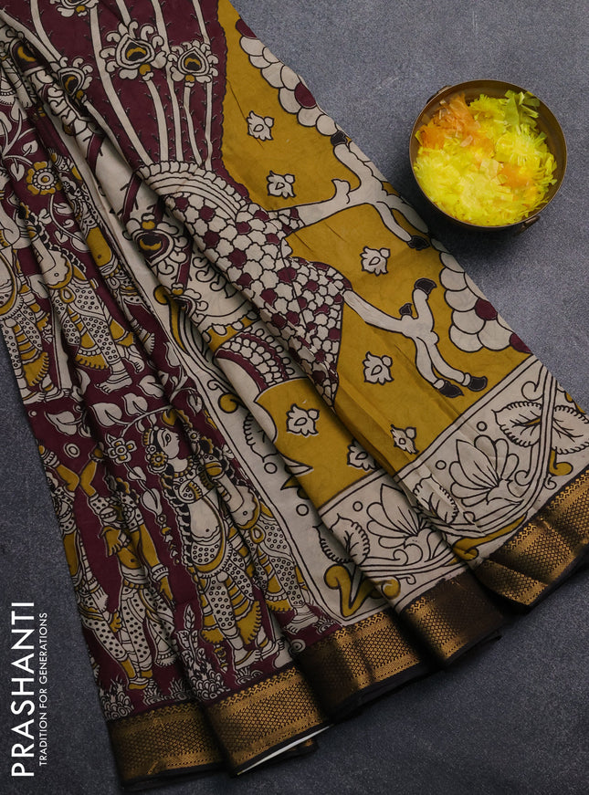 Kalamkari semi silk saree wine shade and black with allover prints and mangalgiri border