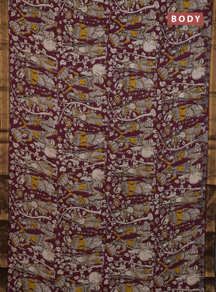 Kalamkari semi silk saree wine shade and black with allover prints and mangalgiri border