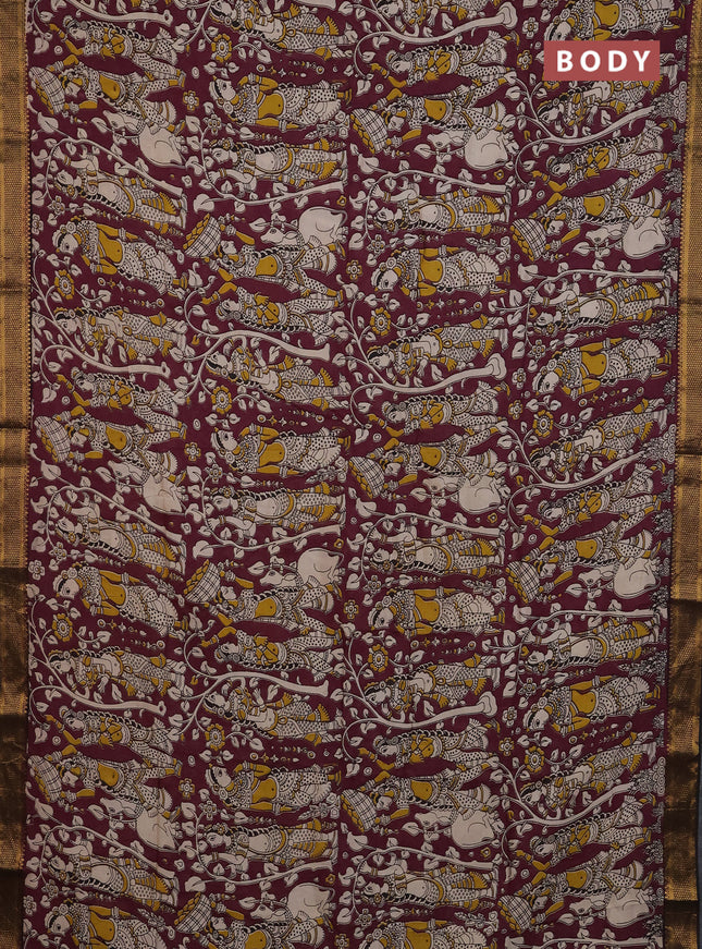 Kalamkari semi silk saree wine shade and black with allover prints and mangalgiri border