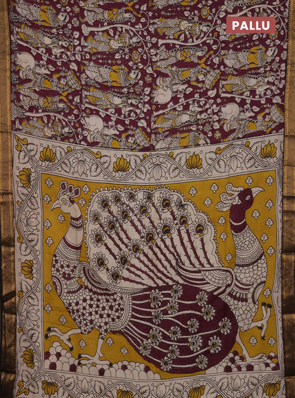 Kalamkari semi silk saree wine shade and black with allover prints and mangalgiri border