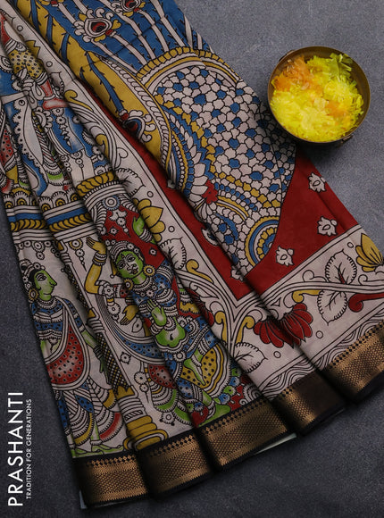 Kalamkari semi silk saree beige and black with allover prints and mangalgiri border