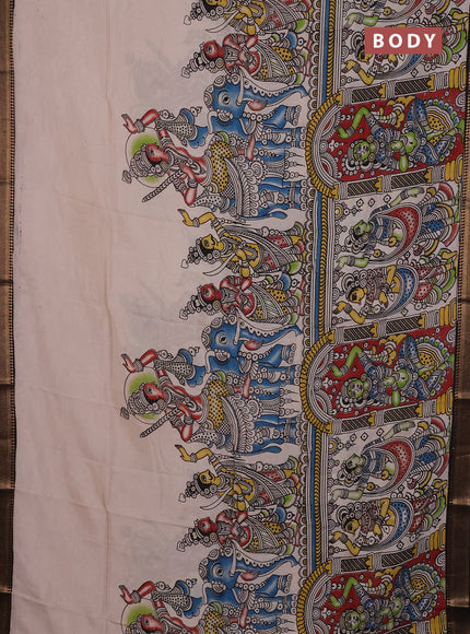 Kalamkari semi silk saree beige and black with allover prints and mangalgiri border