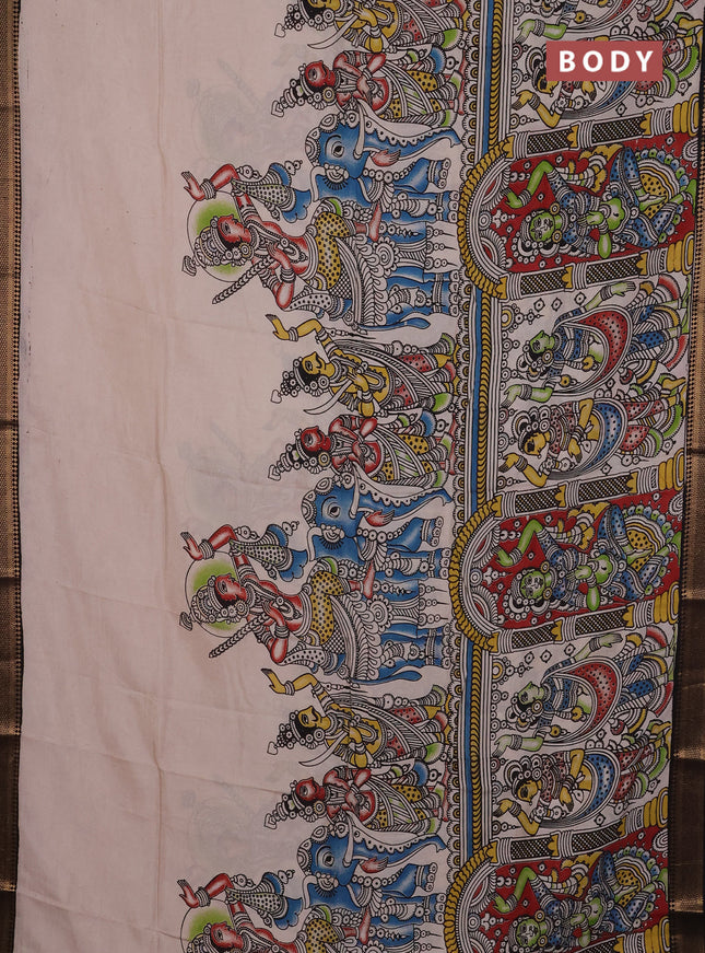 Kalamkari semi silk saree beige and black with allover prints and mangalgiri border