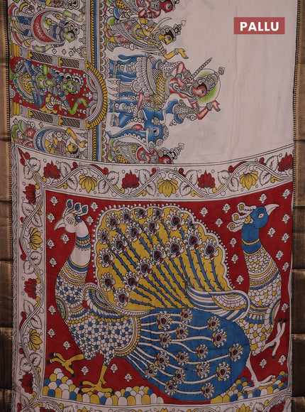 Kalamkari semi silk saree beige and black with allover prints and mangalgiri border