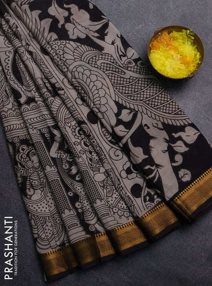 Kalamkari semi silk saree black with allover prints and mangalgiri border