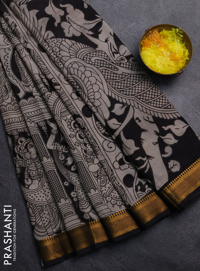 Kalamkari semi silk saree black with allover prints and mangalgiri border