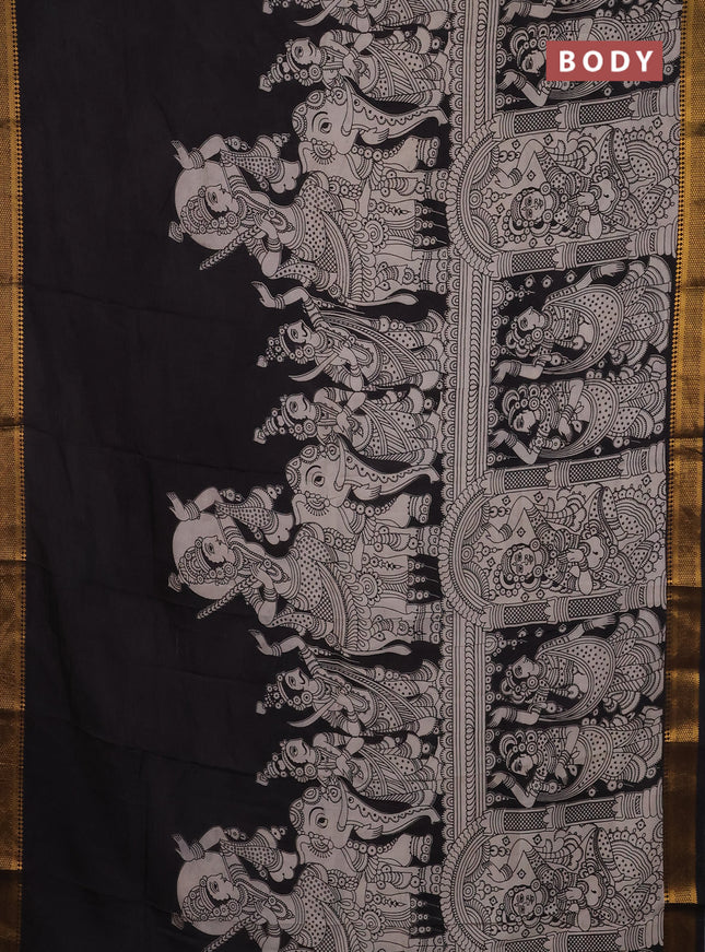 Kalamkari semi silk saree black with allover prints and mangalgiri border