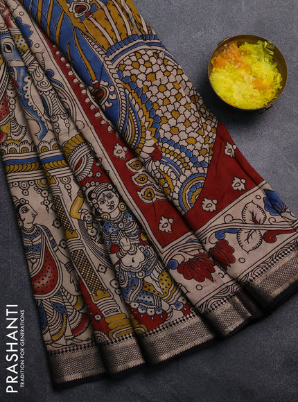 Kalamkari semi silk saree beige and black with allover prints and mangalgiri border