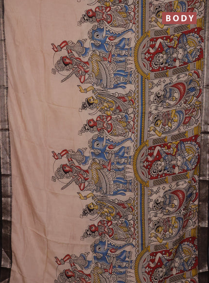 Kalamkari semi silk saree beige and black with allover prints and mangalgiri border